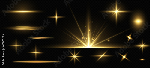 Golden particles of light. Golden light. Light flare.Stars isolated on transparent background.