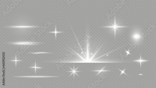 White sparkles.Bright star.Glow burst.Rays of the sun on a transparent background.