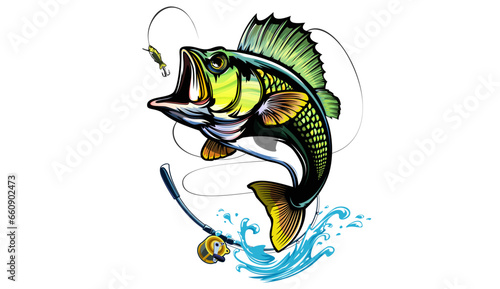 Fishing bass logo. Bass fish with rod club emblem. Fishing theme illustration. Fish Isolated on white.