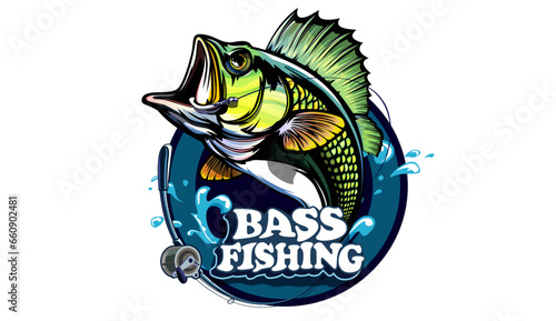 Fishing bass logo. Bass fish with rod club emblem. Fishing theme illustration. Fish Isolated on white.