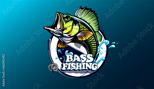 Fishing bass logo. Bass fish with rod club emblem. Fishing theme illustration. Fish Isolated on white.