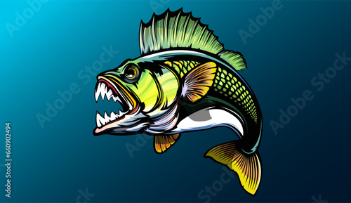 Fishing bass logo. Bass fish with rod club emblem. Fishing theme illustration. Fish Isolated on white.