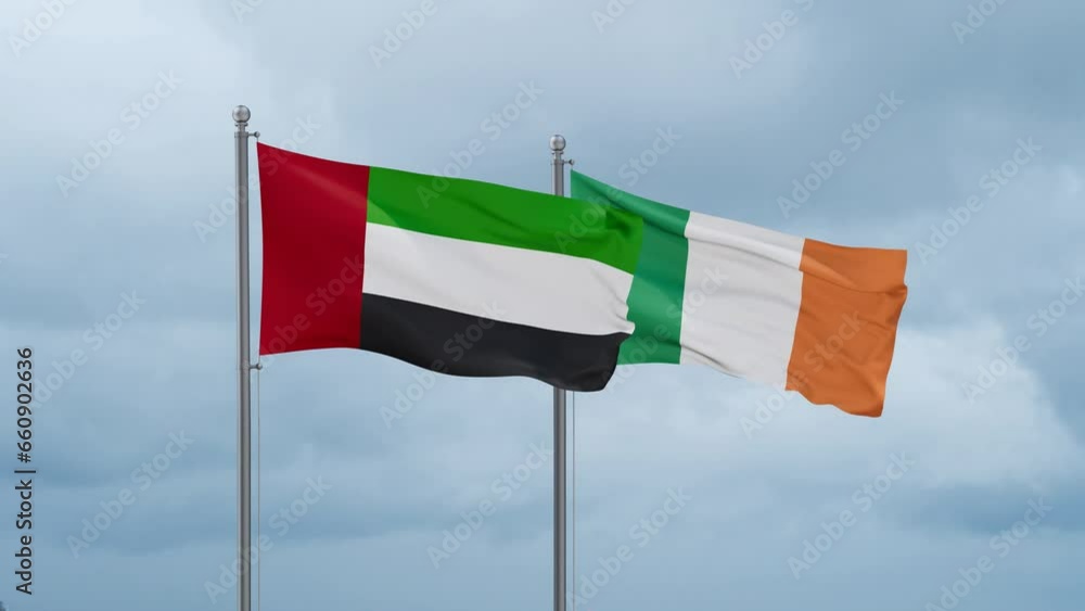 Ireland flag and United Arab Emirates UAE flag waving together on cloudy sky, endless seamless loop, two country relations concept Ireland flag and United Arab Emirates UAE flag waving together on cloudy sky, endless seamless loop, two country relations concept