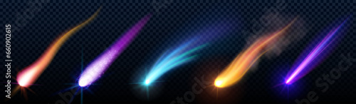 Falling or flying comet or meteor with colorful dust and smoke trail with light glowing effect. Realistic vector illustration set of space object or rocket motion vfx with fireball and steam tail.