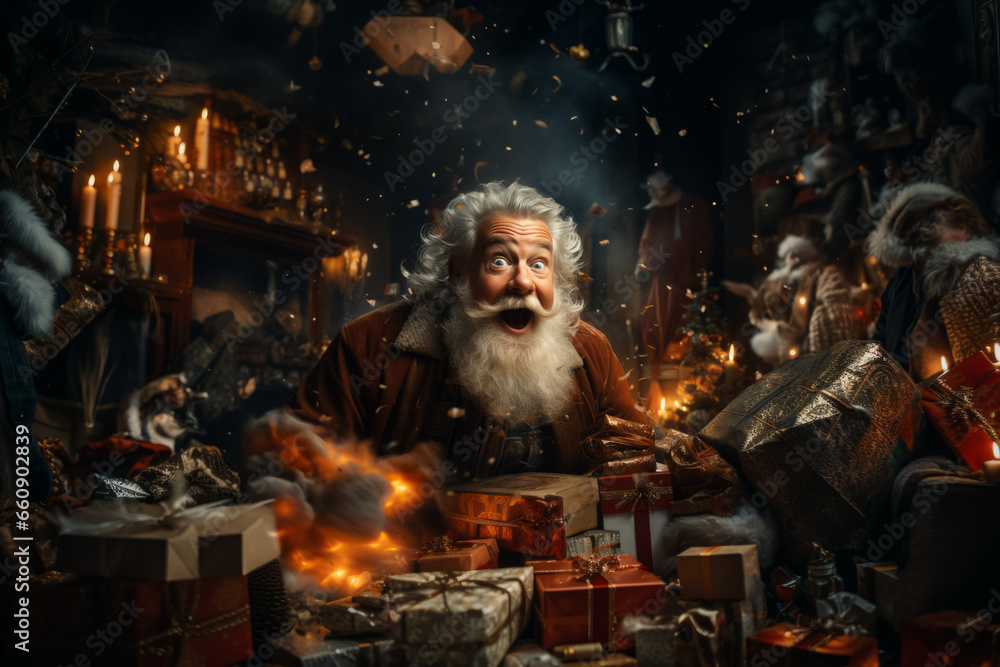 Obraz premium Cheerful emotional Santa Claus with a gifts in hands in his workshop. Christmas fairytale