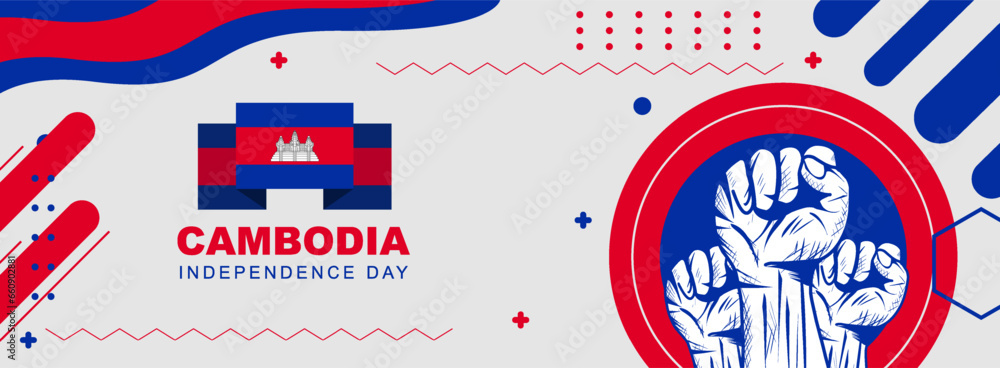 Naklejka premium Cambodia independence day, banner design for cambodia national day. banner with cambodian flag colors theme background and geometric abstract retro modern