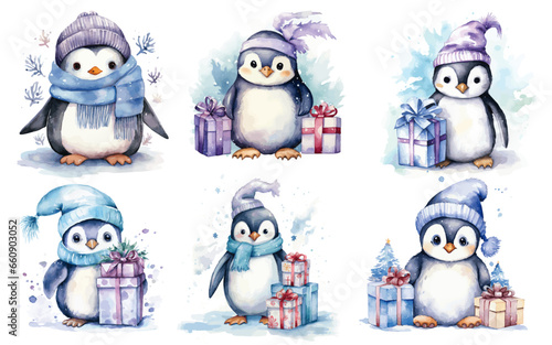 set of penguins Christmas and Winter penguins Blue and Purple watercolor vectors