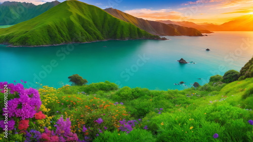 Beautiful colorful rich nature of Alaska at sunrise, emerald green sea, greenery, and flowers. High resolution, photogenic