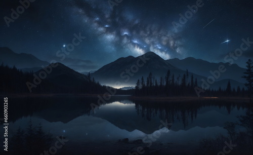 Dark landscape  trees  starry night  stars  galaxy in the sky  mountains in the distance  lake
