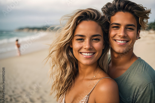 Beautiful young couple smiling on a summer day at the beach © sanjit536