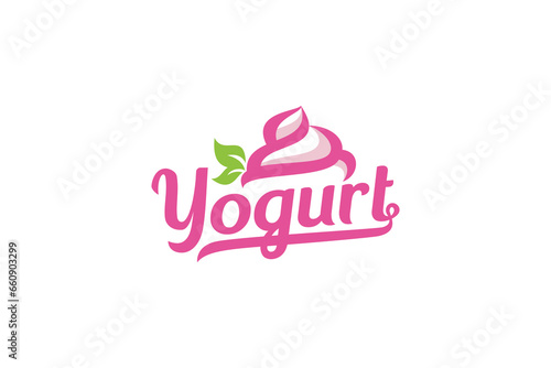 yogurt logo with a combination of yogurt, leaves, and beautiful lettering for yogurt shop, diet nutrition, etc.