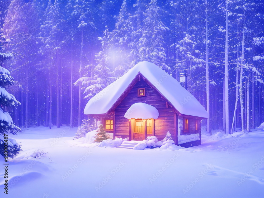 Winter Christmas background. Snow and magic light. House in the forest. House in forest covered with snow decorated for christmas