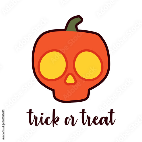 Logo con texto manuscrito trick or treat con calabaza de Halloween con forma de calavera humana para su uso en invitaciones y tarjetas