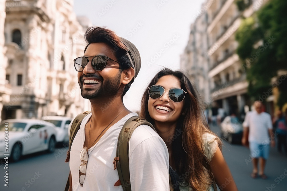 Young couple tourist, walking on city street together and enjoying.