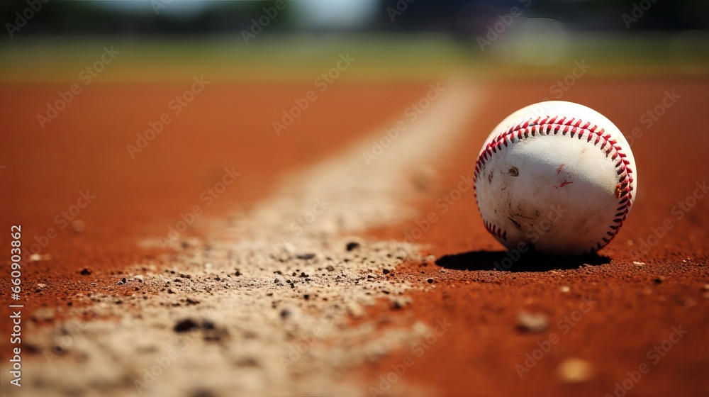 Baseball on the infield chalk line of a professional stadium - obrazy, fototapety, plakaty 