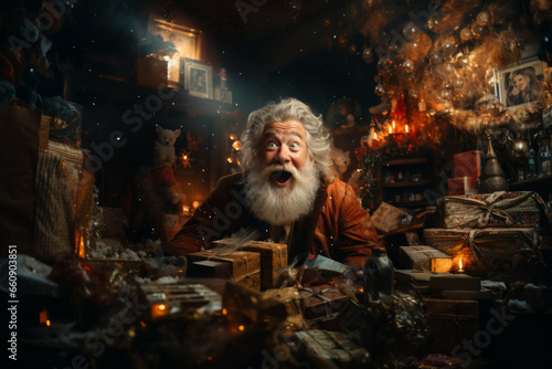 Cheerful emotional Santa Claus with a gifts in hands in his workshop. Christmas fairytale © zamuruev