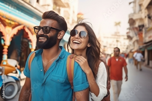 Young couple tourist, walking on city street together and enjoying.