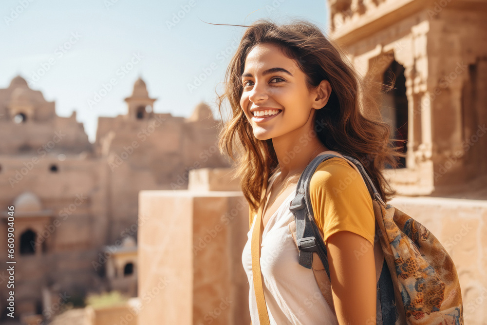 Fototapeta premium Attractive young female tourist looking city, smiling and enjoying