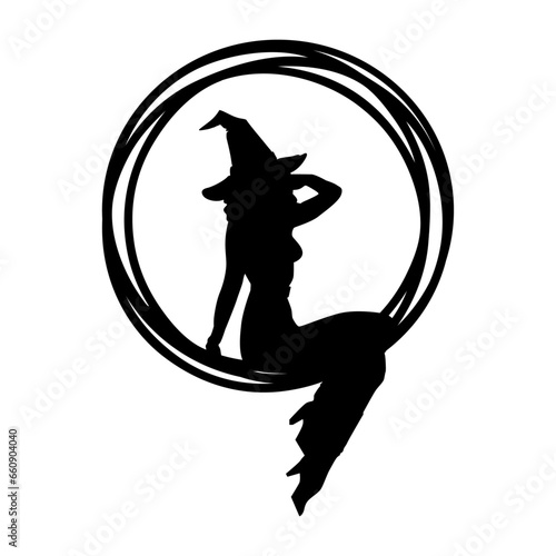 Logo con marco circular con líneas con silueta de bruja sexy sentada con sombrero para su uso en invitaciones y tarjetas de Halloween