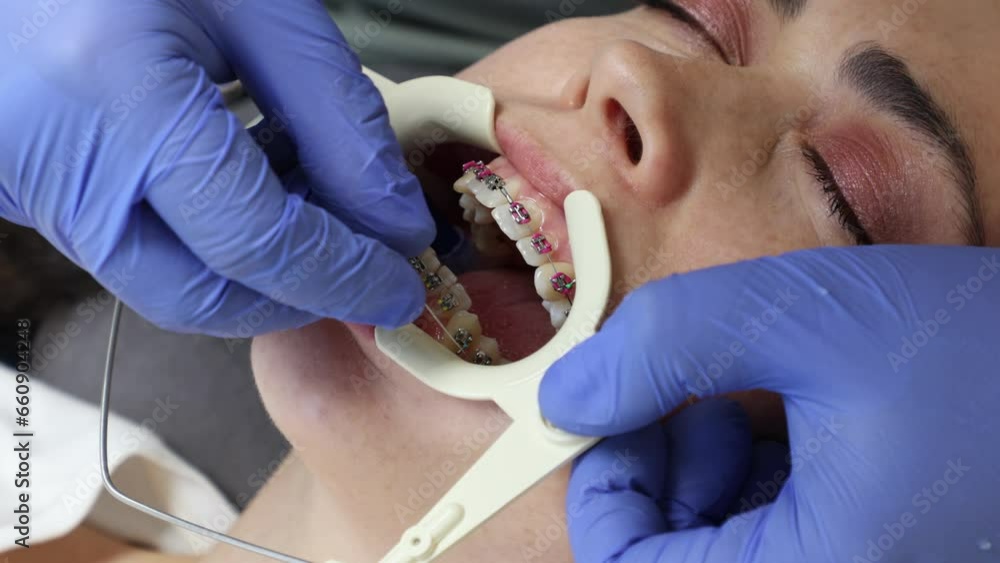 Orthodontist in medical gloves installs an arc in ligature braces on