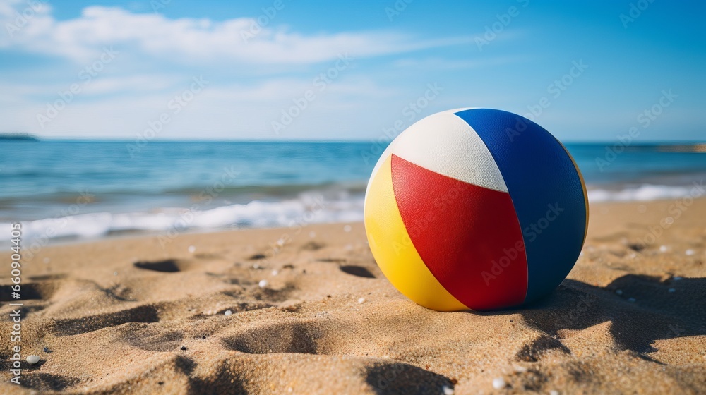 Colorful beach ball on sunny sandy beach with blue sky and sea Colorful beach ball on sunny sandy beach with blue sky and sea
