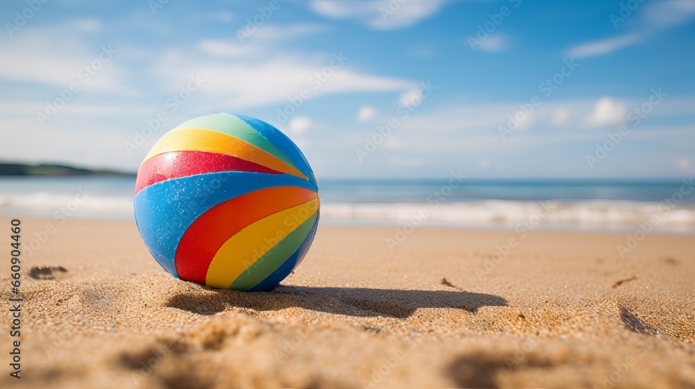 Colorful beach ball on sunny sandy beach with blue sky and sea