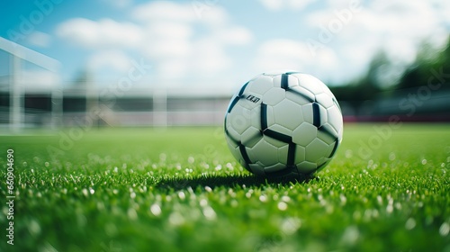 Football ball on green field with white lines and goal posts in the background © Ameer
