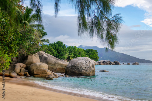Rocks  boulders and palm trees on the scenic tropical sandy Glacis beach  Mah   island  Seychelles