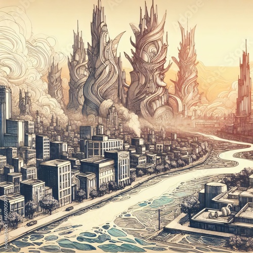 detailed cityscape with otherworldly towers