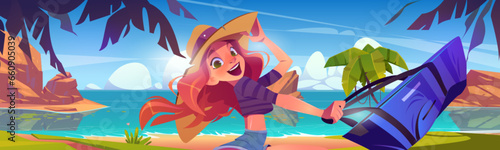 Happy young woman in straw hat with bag on sea or ocean sandy beach with palm trees. Cartoon vector landscape of summer tropical shore with smiling girl on vacation. Seashore resort and holidays.