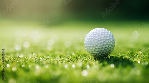 Macro shot of golf ball on course with shallow depth of field