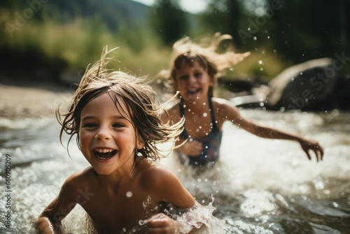 Little children swimming or bathing in the river