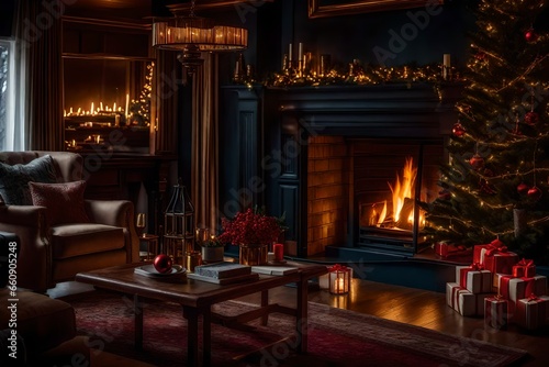 A card with a cozy living room by the fireplace.