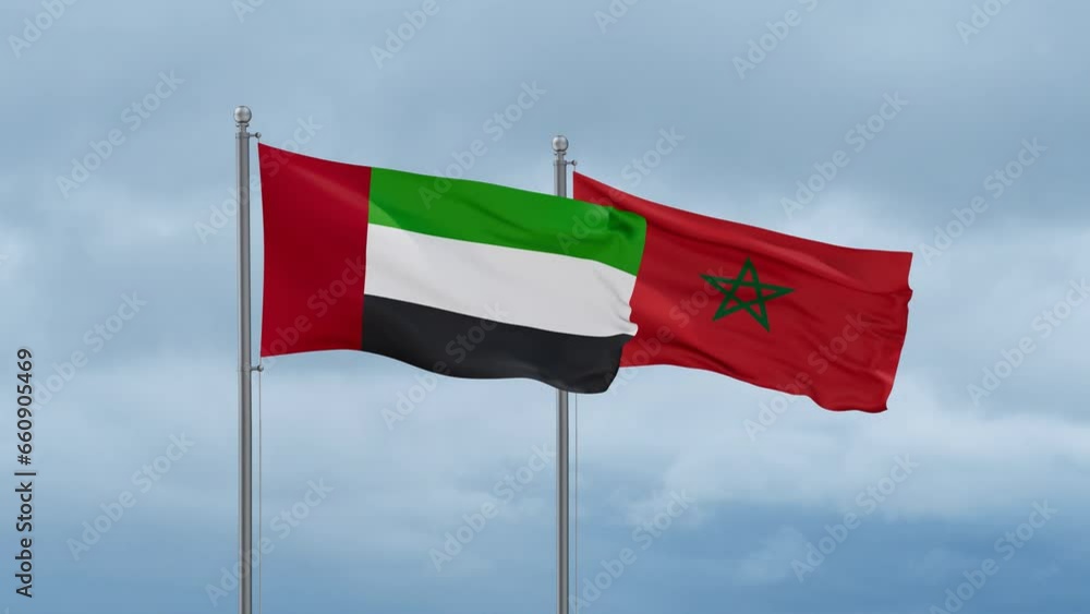 Morocco flag and United Arab Emirates UAE flag waving together on cloudy sky, endless seamless loop, two country relations concept Morocco flag and United Arab Emirates UAE flag waving together on cloudy sky, endless seamless loop, two country relations concept