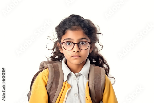 school girl holding back pack and giving shocking expression