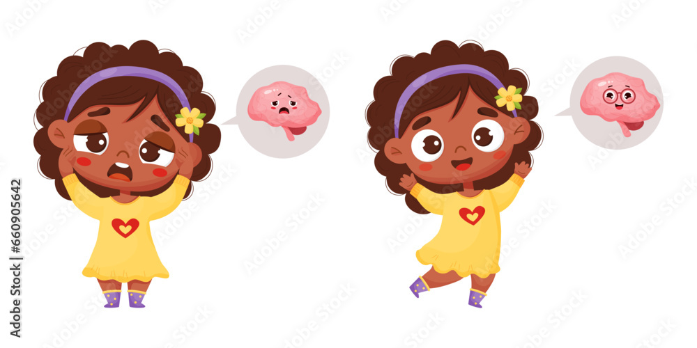 Obraz premium Human health and disease. Cute black ethnic girl suffering from headache, migraine and joyful healthy kid. Next to her is sad and smiling internal organ brain. Vector illustration in cartoon style