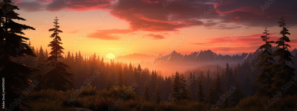 Dense ancient forest at sunset photo realistic illustration - Generative AI.