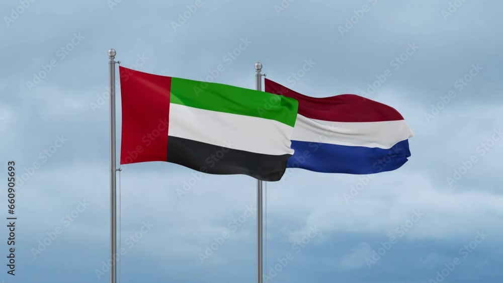 Netherlands flag and United Arab Emirates UAE flag waving together on cloudy sky, endless seamless loop, two country relations concept Netherlands flag and United Arab Emirates UAE flag waving together on cloudy sky, endless seamless loop, two country relations concept