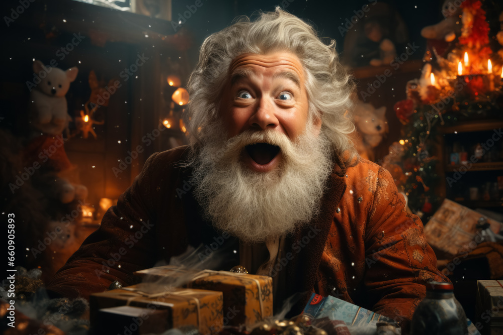 Cheerful emotional Santa Claus with a gifts in hands in his workshop. Christmas fairytale