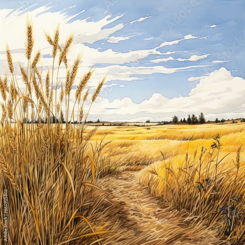 weizen bild gemalt fiktiv acker ackerbau Landwirtschaft getreide im wind sonne sommer photo