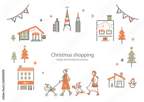 クリスマスの街並みを散歩する家族　シンプルでお洒落なフレーム風線画イラスト