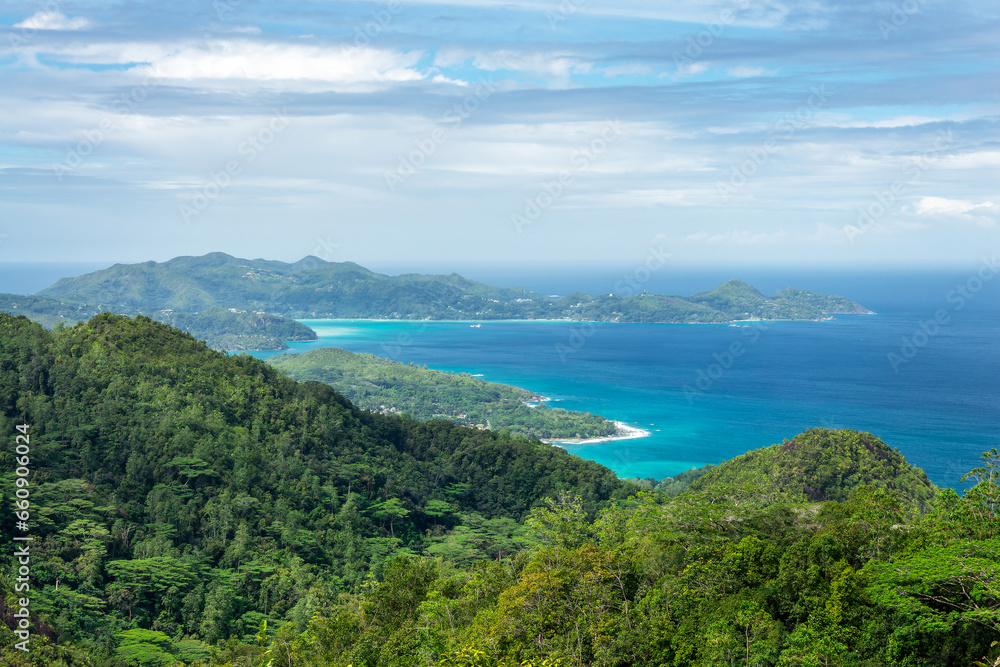 Scenic view on the moutainns and beaches from Mahé island from the Mission in the Morne Seychellois natural park, Seychelles