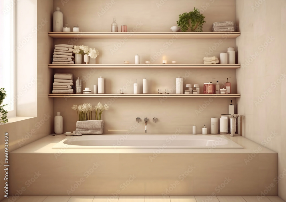 Modern interior bathroom with bathtub and shelves in beige colors and window.Macro.AI Generative Modern interior bathroom with bathtub and shelves in beige colors and window.Macro.AI Generative