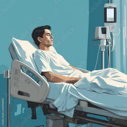 unkenntlicher mann im krankenhaus krankenbett hospital liege tropf undall krankheit krebs heilung arzt patient  verfügung sterbehilfe patientenvollmacht fiktkiv generative ki