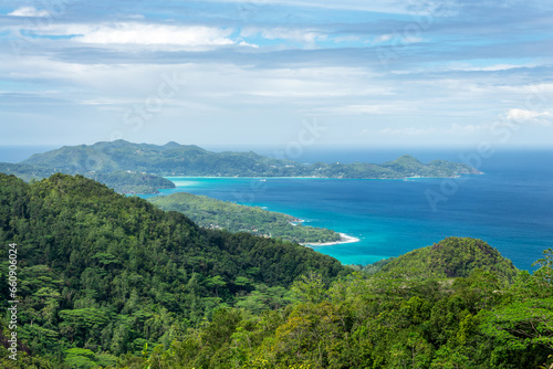 Scenic view on the moutainns and beaches from Mahé island from the Mission in the Morne Seychellois natural park, Seychelles