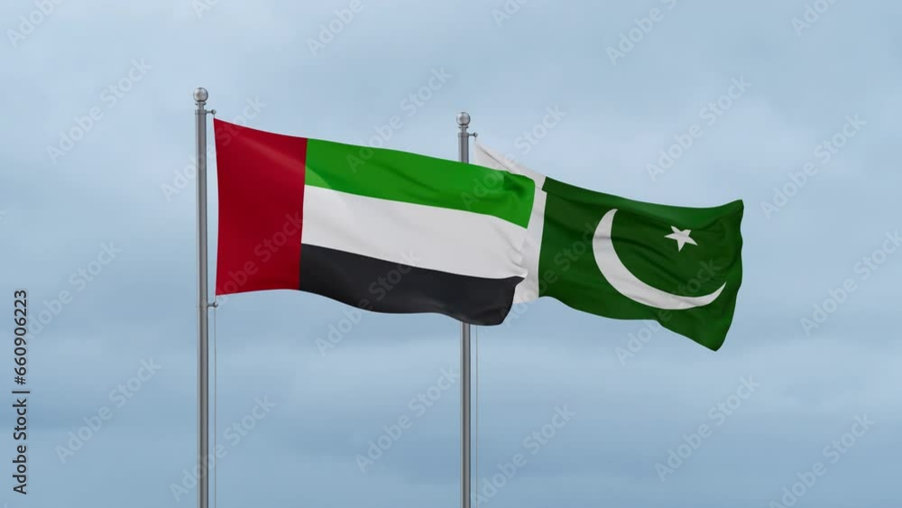 Pakistan flag and United Arab Emirates UAE flag waving together on cloudy sky, endless seamless loop, two country relations concept Pakistan flag and United Arab Emirates UAE flag waving together on cloudy sky, endless seamless loop, two country relations concept