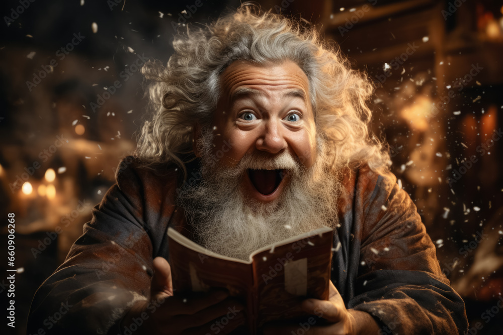Fototapeta premium Cheerful amazed Santa Claus in workshop opening magic book. Christmas fairytale