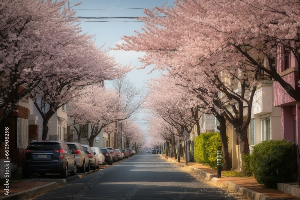 Quiet city road lined with beautiful cherry blossom trees in full bloom. Generative AI