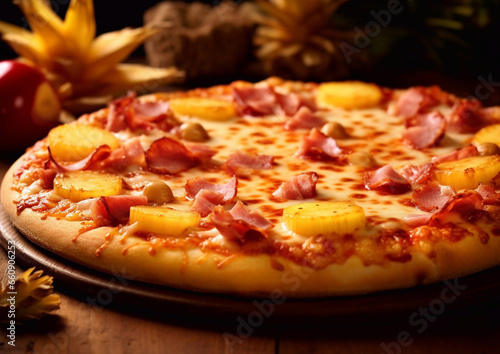 Hawaiian pizza with pineapple and ham on wooden board.Macro.AI Generative