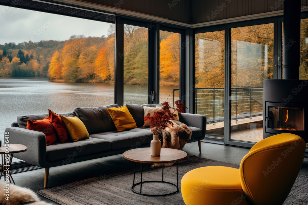 Cozy and colorful living room in a beautiful rustic cottage with big windows and views of the lake or river and forest, Scandinavian interior design - obrazy, fototapety, plakaty 